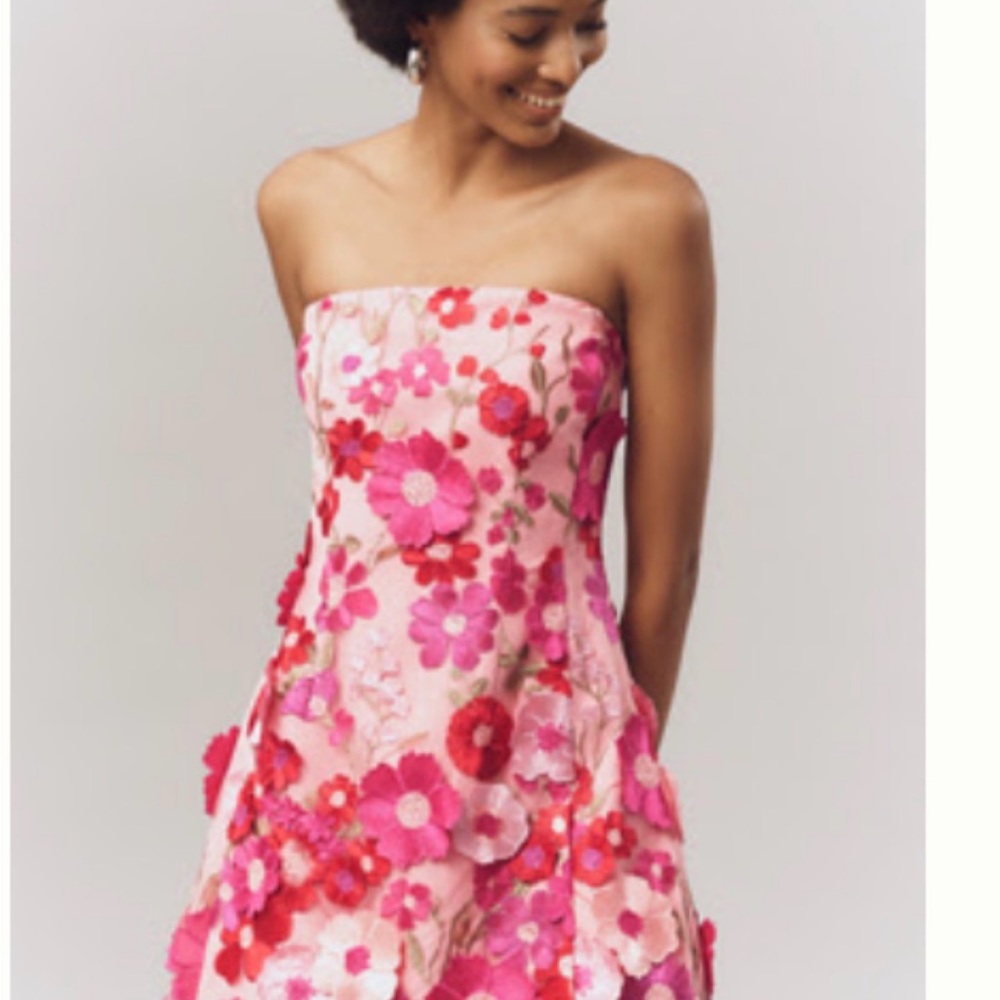 Endless Rose Vibrant Pink Floral Appliqué Strapless Dress Anthropologies